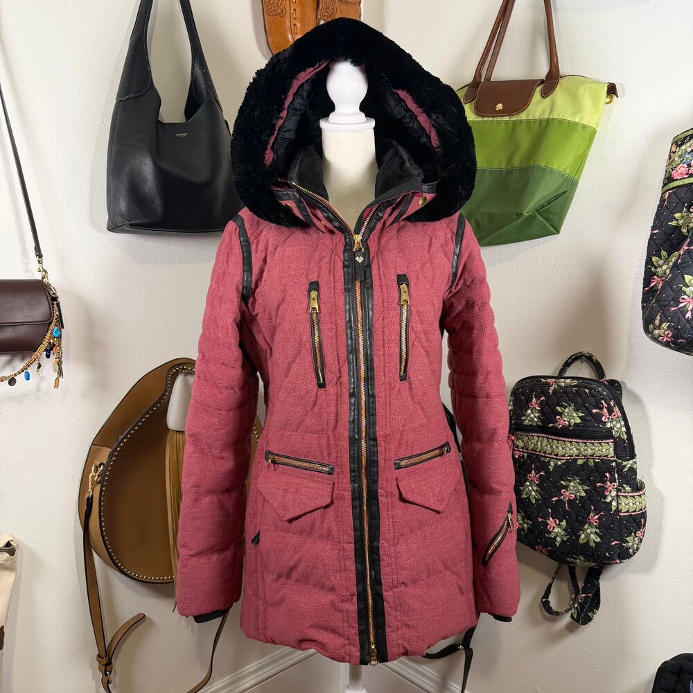 Obermeyer Down Ski Jacket Faux Fur Pink Black Gold Zip Puffer Women's 6